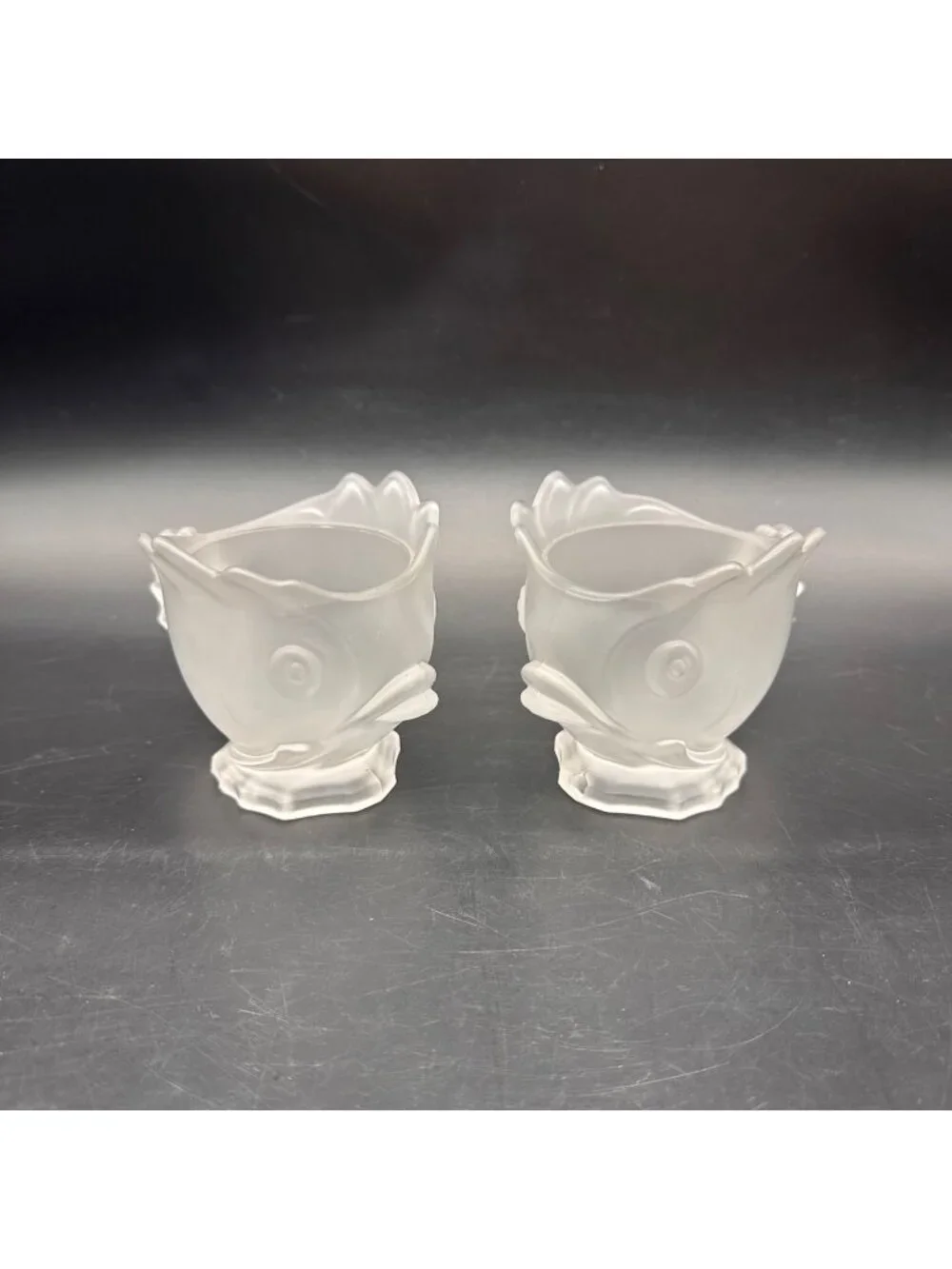 Vintage Fostoria Glass Fish Frosted Cocktail Bowls 1930s Set Of 2 Nautical